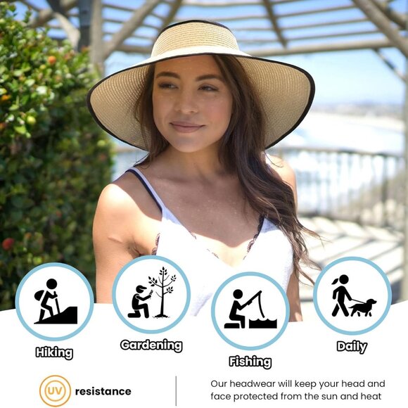 Women's Wide Brim Straw Sun Hat Packable Travel Beach UV Protection - Picture 2 of 5